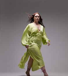 Dresses by Topshop Curve Welcome to the next phase of Topshop Plunge neck Volume sleeves Tie waist Relaxed fit Asos Plus Size, Satin Long Sleeve Dress, Wedding Guest Style, Satin Long Sleeve, Full Length Dress, Green Satin, Winter Dresses, Dress Details, Occasion Dresses