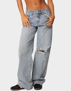 Add Some Edge To Your Closet With These Distressed Jeans, Featuring A Wide Leg For That Extra Element Of Grunge. Paired With A Cute Tee, You'll Always Feel Like The Ultimate Cool Girl. Jeans. Mid Rise Waist. Wide Leg Fit. Distressed Denim Fabric. 100% Cotton. Model Wears Size S. Model Height Is 5'8. Item Care: Machine Wash At Maximum Of 30ºc, Do Not Bleach, Tumble Dry Low, Iron At A Maximum Of 110ºc, Do Not Dry Clean. | Edikted Adam Distressed Wide Leg Jeans Rip Baggy Jeans, Edikted Jeans, Baggie Jeans, Distressed Wide Leg Jeans, Ripped Baggy Jeans, Overalls Boys, Cutest Clothes, Chino Pants Women, Wwe T Shirts