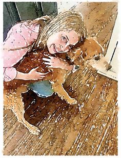 a watercolor painting of a girl hugging her dog on the floor in the rain