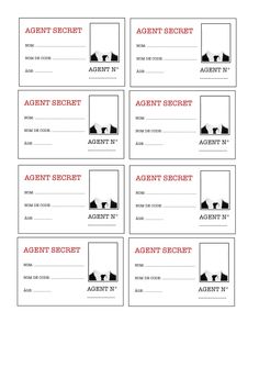 four blank admit cards with the words agent secrets and an image of two men in suits