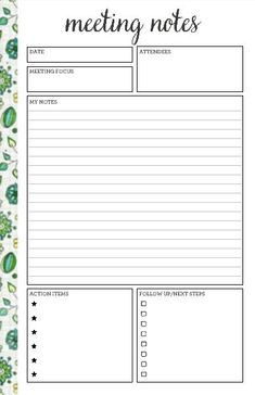 the printable meeting notes are lined up on top of each other with green leaves