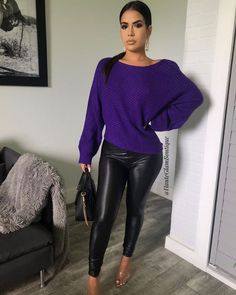 Purple Sweater Outfit Winter, Purple Sweater Outfit, Royal Blue Jacket, Black Pants Outfit, Snakeskin Leggings, Winter Sweater Outfits, Black Faux Leather Leggings, Late Fall, Out Outfits