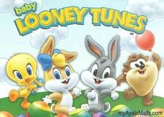 an advertisement for baby looney tunes with cartoon characters and balloons in the sky behind them