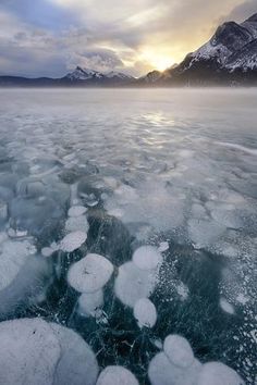 ice floes floating on the water with mountains and clouds in the background at sunset