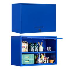 the blue cabinet is open and ready to be used