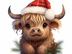 a cute little yak wearing a santa hat with holly berries on it's nose