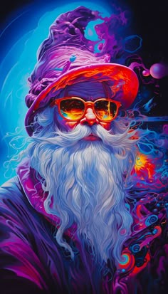 a painting of a bearded man wearing sunglasses and a red hat