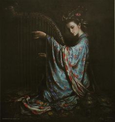 a painting of a woman playing a harp