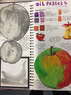 an open notebook with drawings and pictures of apples, pears, and other things