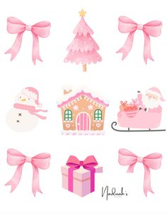 a set of pink christmas items with bows