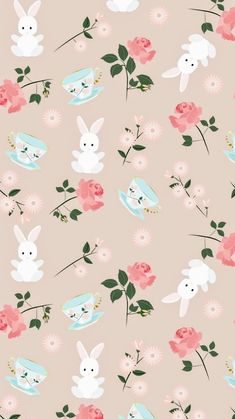 a pink background with white rabbits and flowers