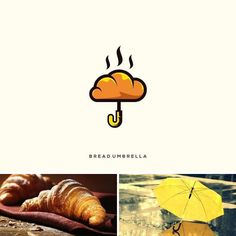 the logo for bread umbrella is shown in three different pictures, including an umbrella and croissants