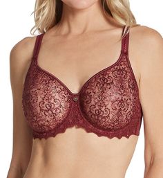 Sheer, seamless, embroidered mesh cups enhance your feminine allure and give superior support to full busts. Low profile embroidery will lie flat under clothing. Underwire bra supports, lifts and rounds your bust. Non-stretch, see-through mesh cup is unlined (unpadded) and gives a sexy, natural look. Satin-covered elastic at top cup edge for fit. Center panel - tall and wide, with silvertone metal ornament. Arched underside for high tummies. Non-stretch lace and glossy opaque stretch knit unite Coverage Bras, Full Cup Bra, High Impact Sports Bra, Cup Bra, Seamless Bra, Metal Ornament, Support Bras, Stretch Lace, Underwire Bra