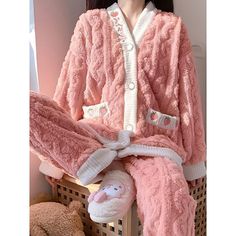 Season:Winter,Fall; Fabric:Flannel; Sleeve Length:Long Sleeve,Long Pant; Gender:Women's; Nightwear Style:Pajamas,Sets; Style:Casual,Comfort,Plush; Elasticity:Micro-elastic; Tops Type:Shirt; Occasion:Bed,Home; Age Group:Adults; Function:Warm,Breathable; Pattern:Fruit; Design:Buttons,Pocket; Neckline:V Wire; Bottom Type:Pant; Listing Date:11/07/2023 Winter Home Outfit, Winter Pajamas Women, Winter Sleepwear, Womens Loungewear Sets, Plush Design, Pink Fleece, Pajamas Sets, Winter Pajamas, Women's Sleepwear