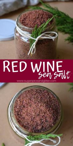 red wine seasoning in a glass jar with green sprigs on the side