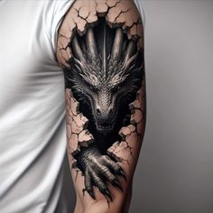 Dragon Tattoo Realistic, Japanese Style Tattoo, Arm Cover Up Tattoos, Tato 3d, Fenrir Tattoo, Cover Up Tattoos For Men, Black Dragon Tattoo, Dragon Tattoo Arm, Koi Tattoo Sleeve