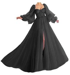 Women's Puffy Sleeve Prom Dress Ball Gown Tulle Sweetheart Wedding Formal Evening Gowns with Split Puffy Sleeve Prom Dress, Sleeve Prom Dress, Chique Outfits, Sweetheart Prom Dress, Evening Party Gowns, Tulle Ball Gown, Photoshoot Dress, Black Evening Dresses