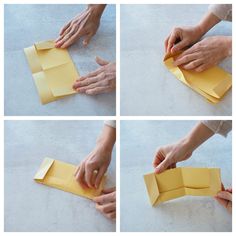 four photos showing how to fold an origami box with one hand and the other