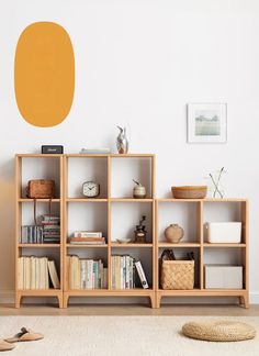 a living room with bookshelves and various items