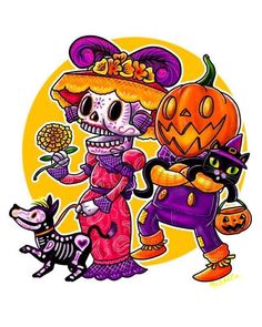 a drawing of a skeleton and a cat in halloween costumes with pumpkins on their heads