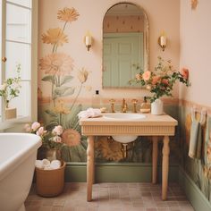 a bathroom with flowers painted on the wall and a sink in front of a mirror