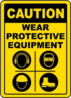 a caution sign with the words wear protective equipment and headphones in black on a yellow background