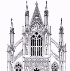 a black and white drawing of a cathedral