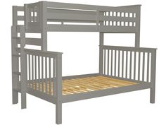 a white bunk bed with wooden slats on the top and bottom rails, against a white background