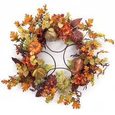 a wreath with autumn leaves and acorns is shown on a white background,