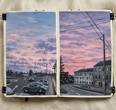 an open book with two pictures of cars on the street at dusk and in the evening