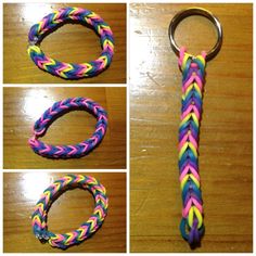 four different colored braided key chains sitting on top of a wooden table