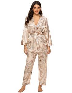 PRICES MAY VARY. 3 piece pajamas included: a cami,long sleeve robe with belt and long pants women satin pajama set with soft and smooth silky feel fabric,will keep you easeful while sleeping at night, that's ultra smooth against the skin so you can enjoy superior comfort. The unique dragon floral printing makes this silk pajamas look very luxurious and sexy Gift:The satin pj set is a perfect gift choice for your girlfriend,wife,mother,sisters or friends on birthday,Christmas Day,New Year,Valenti Classy Loungewear, Satin Pajamas Set, Seductive Style, Satin Pj Set, Satin Pajama, Silk Pajama Set, Satin Pyjama Set, Satin Pajamas, Silk Pajamas