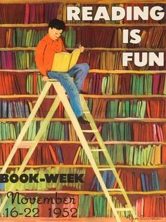 a man sitting on a ladder reading a book in front of a bookshelf