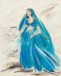 a drawing of a woman in a blue dress