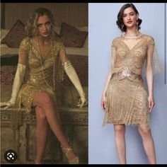 Flapper, Gold Beaded, New/Unused Lady Phoebe You Outfits, Gold 1920s Dress Gatsby, Lady Phoebe You, Gold Fringe Dress, Art Deco Bridesmaids, Jazz Wedding, Flapper Wedding, Great Gatsby Art, 20s Dresses