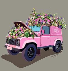 a pink truck with flowers in the bed