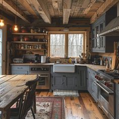 a rustic kitchen with wooden floors and gray cabinets, an old fashioned stove top oven is on the far wall