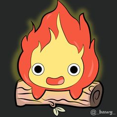 a drawing of a cartoon fire on a piece of wood