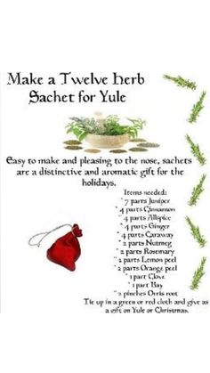 a card with an image of a red heart and the words make a twelve herb sachet for yule