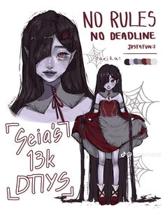 a drawing of a girl with long hair and blood on her face, standing in front of a sign that says no rules no deadline