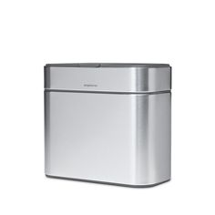 a stainless steel trash can on a white background