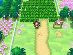 an animal crossing game in the middle of a field with trees and flowers on it