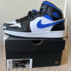 Nike Jordan 1 Mid (Gs) White/ Racer Blue/Black Youth Size 7 (Fits Women 8) New, Never Been Worn Nike Air Max Kids, Jordan 1 Mid Blue, Blue And White Jordans, Nike Air Jordan Low, Gold Basketball Shoes, Nike Jordan 1 Mid, Jordan 1 Blue, Rare Nikes, Blue Black Color