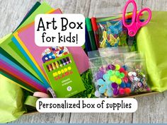 the art box for kids is filled with personalized boxes of supplies to make arts and crafts