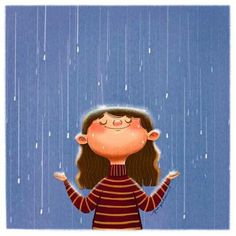 a girl standing in the rain with her hands out and looking up at the sky