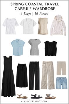 6-Days Spring Coastal Travel Capsule Wardrobe: 16 Pieces, 12 Outfits - Classy Yet Trendy Travel Capsule Wardrobe Spring, Dresses Design Ideas, Maternity Capsule Wardrobe, Minimalist Wardrobe Essentials, Capsule Wardrobe Casual, Spring Summer Capsule Wardrobe, Classy Yet Trendy, Grandma Fashion, Dresses Design