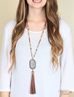 Available for local pick up or shipping. Chunky Clear Crystal Oval Necklace with Brown Leather Tassel 32” long + 8” tassel & pendant. Oval Necklace, Leather Tassel, Clear Crystal, Fashion Store, Tassel Necklace, Tassels, Brown Leather, Crystals, Pendant