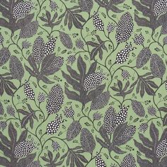 a green and black floral wallpaper with dots on it's leaves, vines and flowers