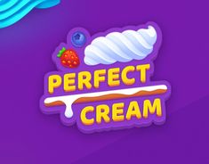 the logo for perfect cream is shown on a purple background with blue waves and strawberries