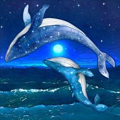 two dolphins jumping out of the water at night with stars in the sky above them